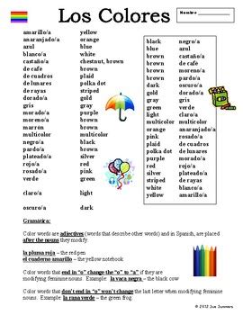 Spanish Colors / Colores Vocabulary List and Grammar Explanation by Sue ...