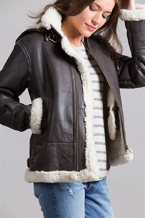 WOMEN B3 BOMBER AVIATOR FLYING BLACK FUR SHEEPSKIN SHEARLING LEATHER ...