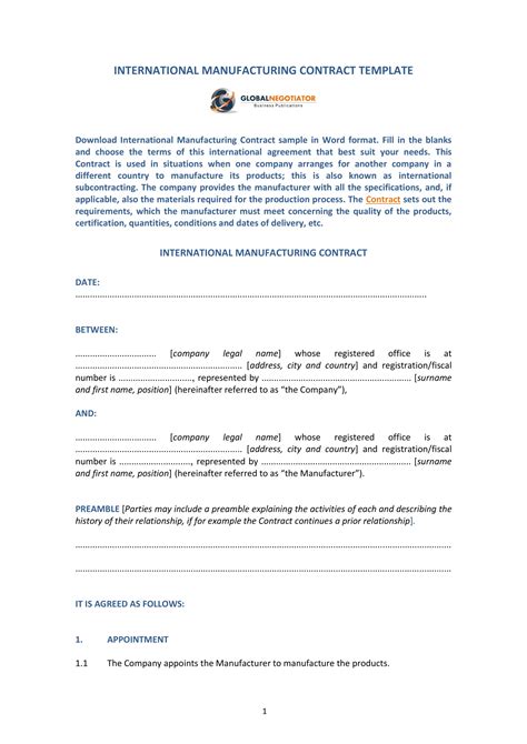 Contract Manufacturing Agreement - Examples, Format, Pdf