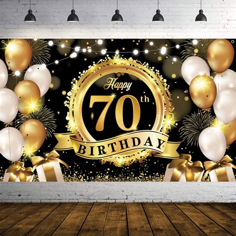 Buy 70th Birthday Decoration Banner, 70th Black Gold Birthday Backdrop Banner Photo Booth Sign ...