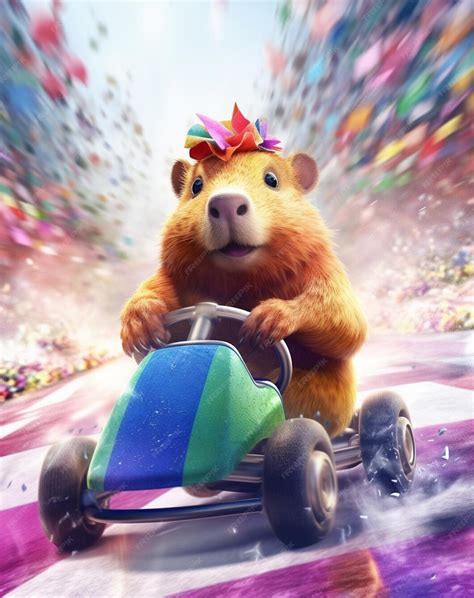 Premium Photo | A guinea pig driving a car with a colorful rainbow ...