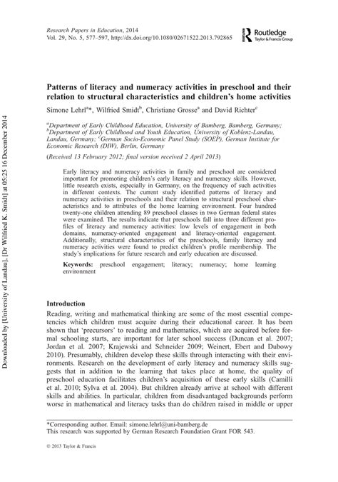 (PDF) Patterns of literacy and numeracy activities in preschool and their relation to structural ...