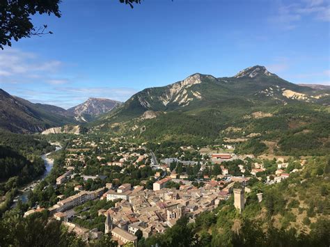 Looking down on Castellane, France after climbing to Chappelle Notre ...