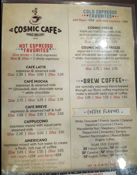 Cosmic Cafe menu in Warsaw, Missouri, USA