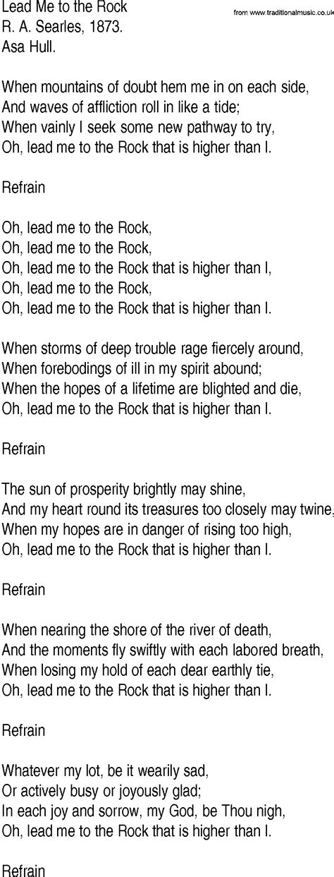 Hymn and Gospel Song Lyrics for Lead Me to the Rock by R A Searles