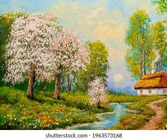 Oil Paintings Rural Landscape Old Village Stock Illustration 1963478347 ...