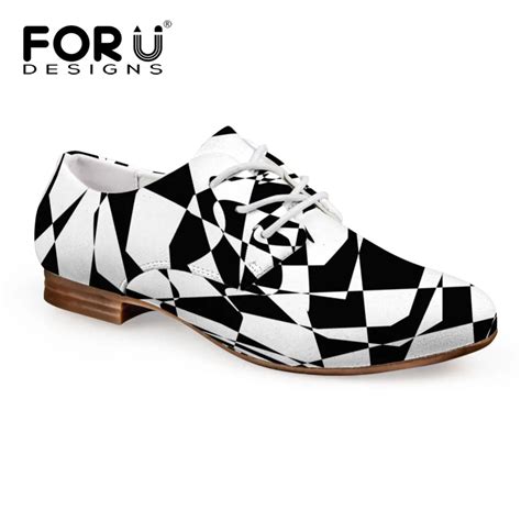 FORUDESIGNS Black and White Women Shoes Comfort Stripe Female PU Oxford Shoes Lace up Women Flat ...