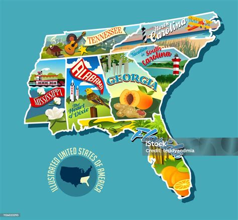 Illustrated Pictorial Map Of Southern United States Includes Tennessee ...