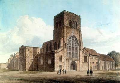 Shrewsbury Abbey. The buildings on the right of the church were demolished to make way for the ...