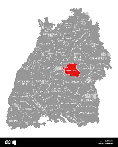 Esslingen county red highlighted in map of Baden Wuerttemberg Germany Stock Photo - Alamy