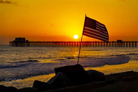 American Flag at Sunset in Oceanside - Oceanside Pier - USA Flag at ...