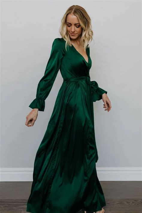 Holly Dark Green Satin Maxi Dress | Green satin dress, Long sleeve bridesmaid dress, Long green ...