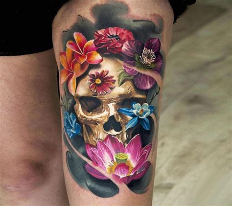 Photo - Skull with Flowers tattoo by Sergey Butenko | Photo 19733 in 2021 | Tattoos, Skull rose ...