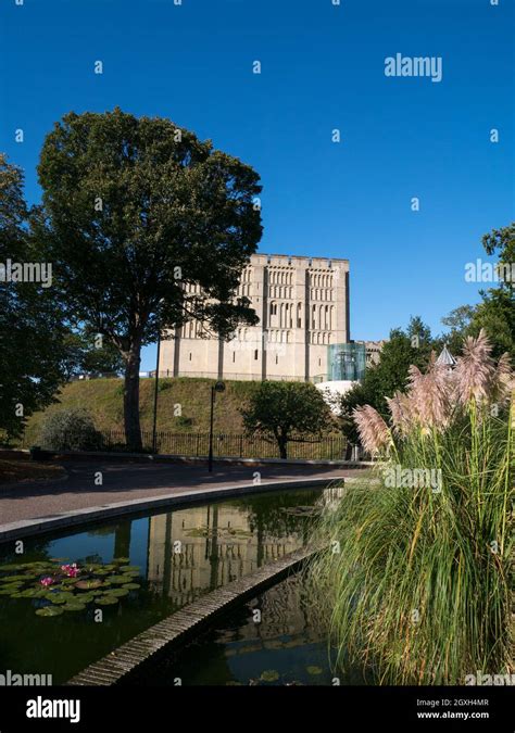 Norwich Castle Gardens, with The Castle viewed over water feature ...