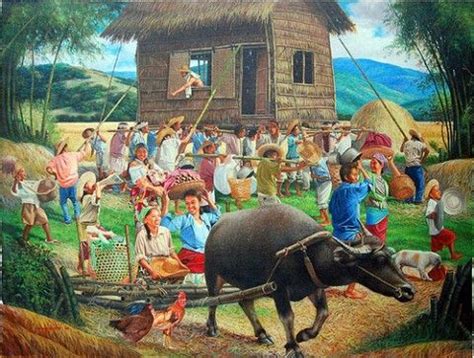 a painting of people and animals in front of a hut