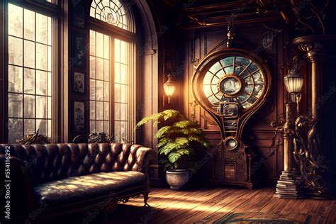 steampunk interior design, fantasy retro hall, in a victorian house with big windows, fictional ...