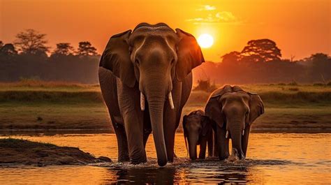 Premium AI Image | Elephant Family at Sunset