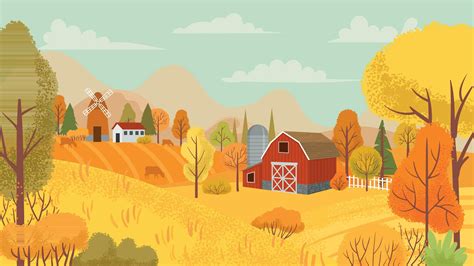 Autumn farming landscape. Country farm, yellow trees and farmhouse ...