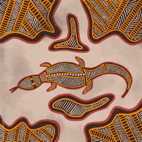 Australian Aboriginal styled dot painting artwork. A goanna lizard ...