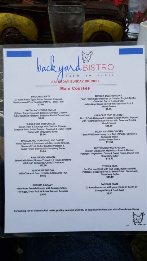 Menu at the Backyard Bistro restaurant, Pipe Creek