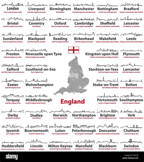 England map and cities skylines with names of city, region and ...