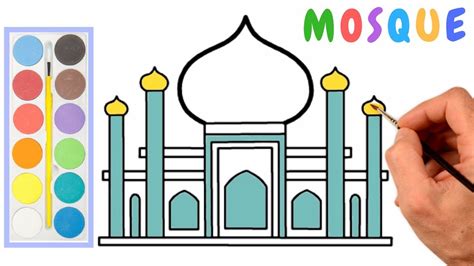 How to draw a Mosque step by step easy for kids || Colouring Pages for islamic Drawing Tutorial ...