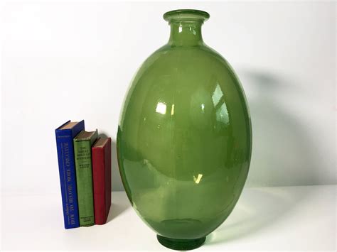 Vintage Art Glass Vase - Green Large Bulbous Oval Floor Vase - Tall Hand blown Glass Vase Urn ...