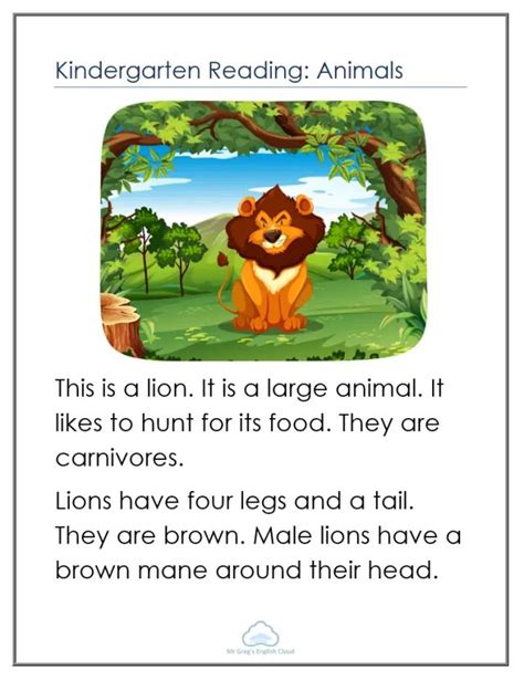 Kindergarten Reading worksheets on the topic of animals. A short ...