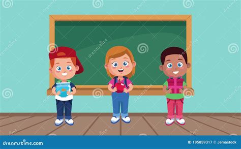 Little Students Kids Animation Characters with Chalkboard in Classroom ...