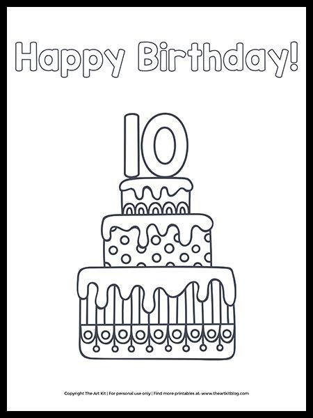 CUTE! Printable Happy 10th Birthday Cake Coloring Page | 5. geburtstag, Kinder geburtstag, 2 ...