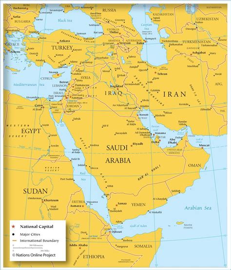 Map of Southwestern Asia & Middle East. Country Boundaries, Cities, Major Geographical Elements ...