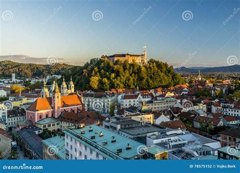 Ljubljana castle stock photo. Image of light, shops, square - 78575152