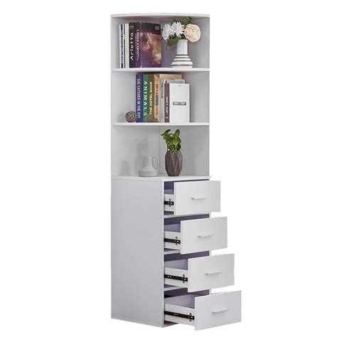 Buy BOJU Tall Bathroom Corner Cabinet White with 4 Drawers 3 Shelves Living Room Bookcase Wood ...