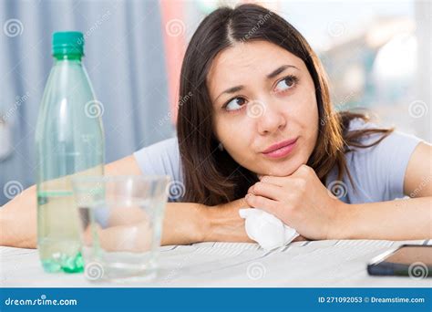 Sad Young Woman Thinking at Table with Glass of Water Indoors Stock Image - Image of broken ...