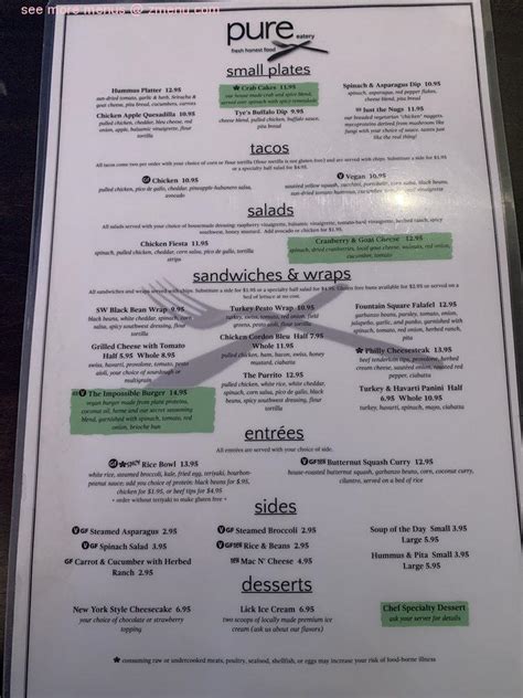 Menu at Pure Eatery pub & bar, Indianapolis, Virginia Ave