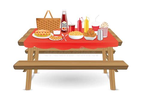 Picnic Wood Table with Fast Food and Drink Stock Vector - Illustration of modern, hotdog: 107103480