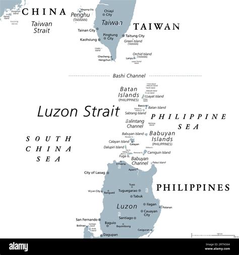 Luzon Strait, gray political map. Strait between Luzon and Taiwan ...