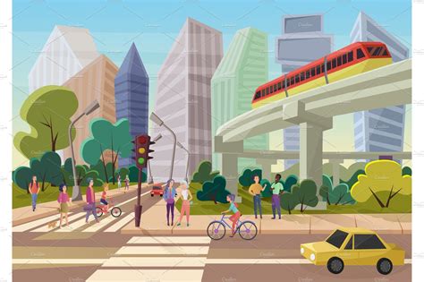 Cartoon city street with people | People Illustrations ~ Creative Market