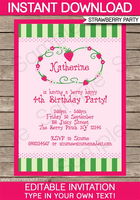 Strawberry Shortcake Party Invitations Template | Printable Birthday Invites