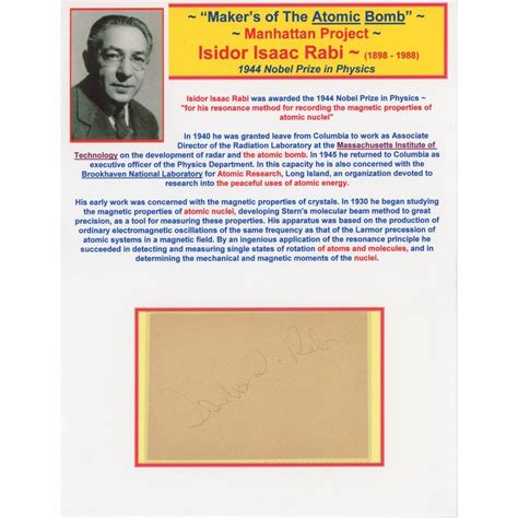 Isidor Isaac Rabi - Nobel Prize in Physics - Autographed 4.75 x 3" Card in Collector's Display ...