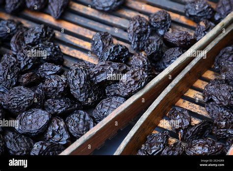 Agen prunes after the drying stage of Ente plums, “pruneaux d’Agen ...