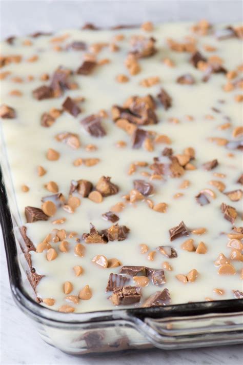 Reese's magic bars before baking with sweetened condensed milk on top | Milk recipes dessert ...