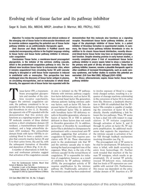 (PDF) Evolving role of tissue factor and its pathway inhibitor