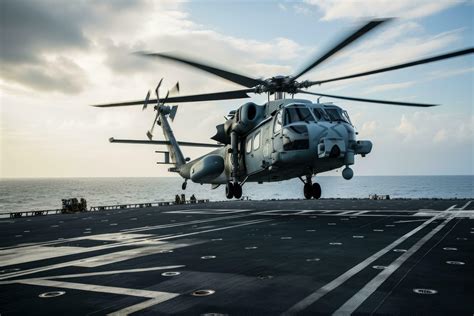 Helicopter landing on the deck of a military aircraft carrier. Military ...