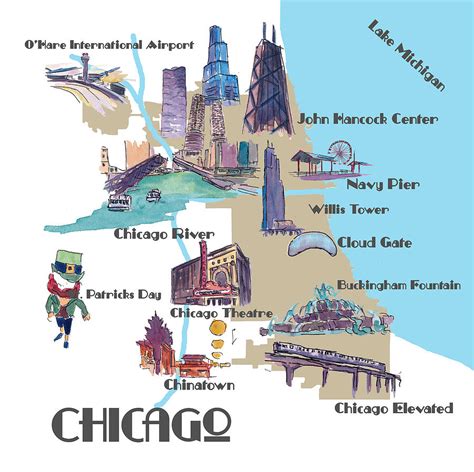 Chicago Favorite Map with touristic Top Ten Highlights Mixed Media by M Bleichner - Pixels