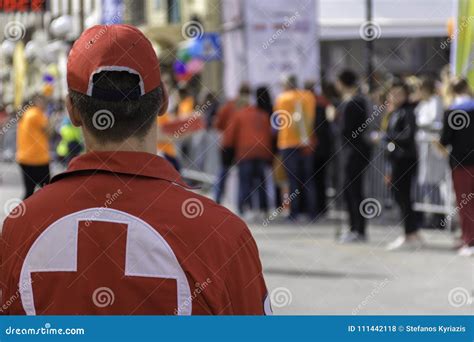 Red Cross volunteers editorial stock photo. Image of marathon - 111442118