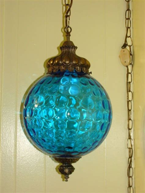 VTG MCM HANGING BLUE ORB GLASS GLOBE LAMP SWAG LIGHT MID CENTURY MODERN ...