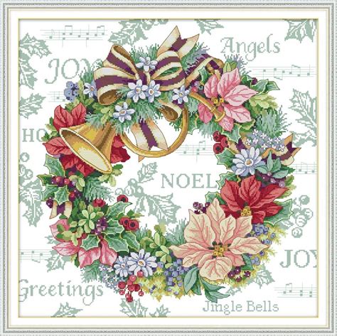 Joy Sunday Cross Stitch Kits Cross-Stitch DIY Hand Needlework kit 14CT Counted Holiday Wreath ...