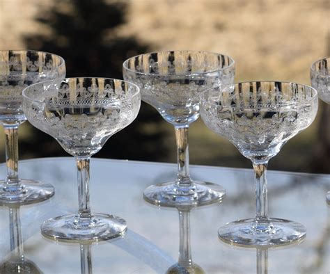 Vintage Needle Etched Cocktail Glasses, Set of 6, circa 1920's, Antique Needle Etched Champagne ...