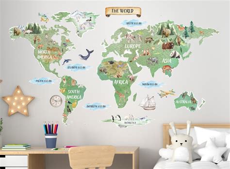 World Map Wall Decal Kids World Map Decal World Map With - Etsy